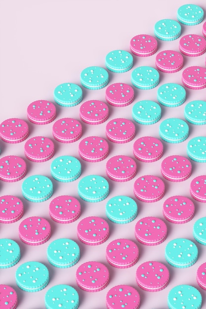 Pop art colored sweet cookies on a pink background. 3d rendering illustration.