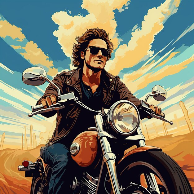 Pop art comic man wear sunglasses riding motorcycle AI generated image