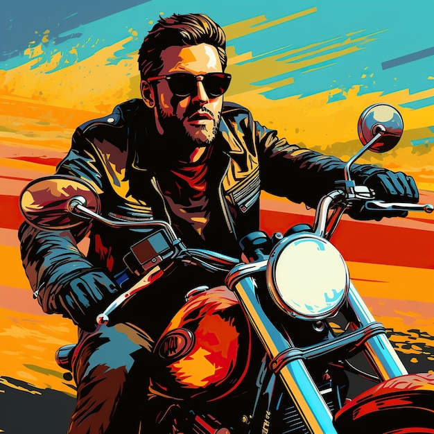 Поп-арт комик мужчина носит солнцезащитные очки едет на мотоцикле ИИ сгенерированное изображение