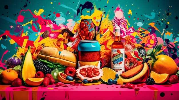 Photo pop art composition featuring a collage of food items