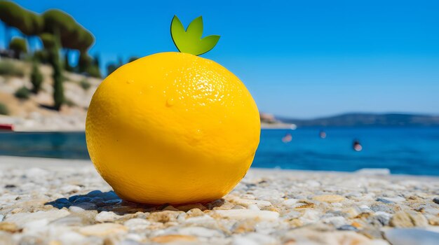 Pop art depiction of a lemon in a mediterranean beach party