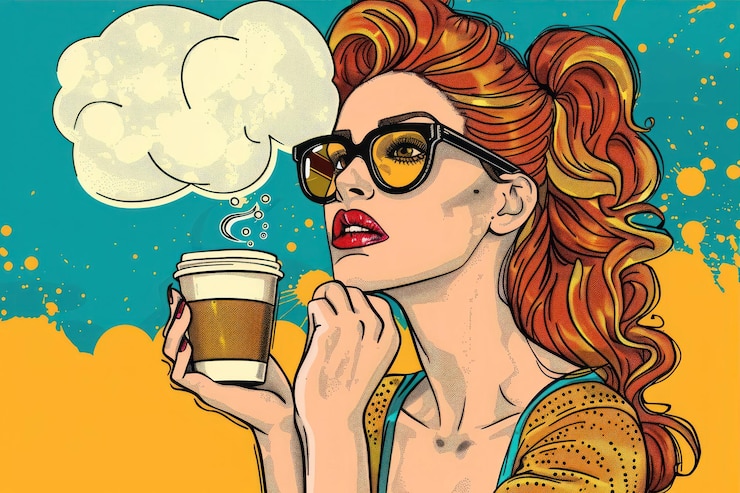 A Pop Art Girl Enjoys Coffee While Contemplating Thoughts Against a Colorful Backdrop
