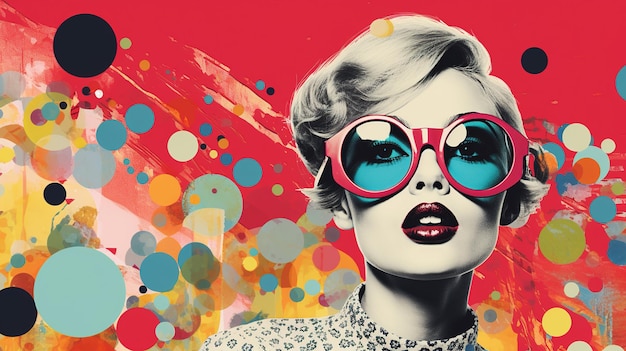 Pop Art Girl Face Sexy young woman in sunglasses with open mouth bright makeup Colorful retro pop art background AI generated