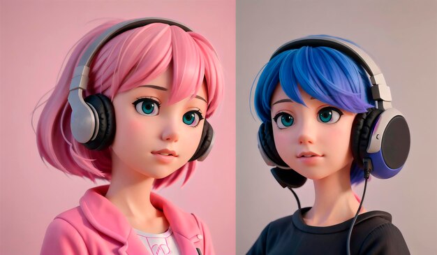 Pop art girl with headphones Set of avatars Generative AI