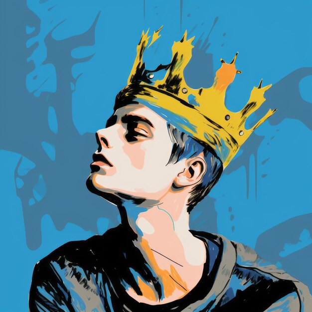 Photo pop art gothic illustration boy with crown in loose painterly style