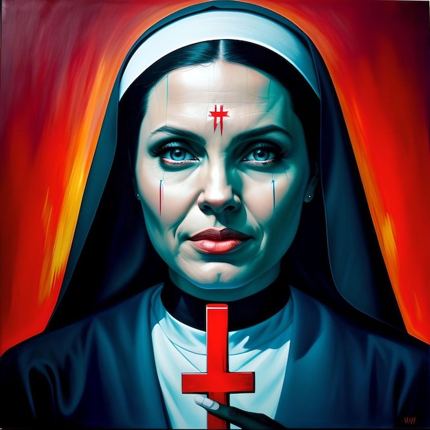 Foto pop art horror nun digitale schilderij met abstracte tatoeage en omgekeerd kruis geïsoleerd op rood