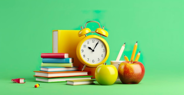 Pop art illustration of School accessories with apples books and an alarm clock on the School background Back to school concept 3D Rendering AI Generative