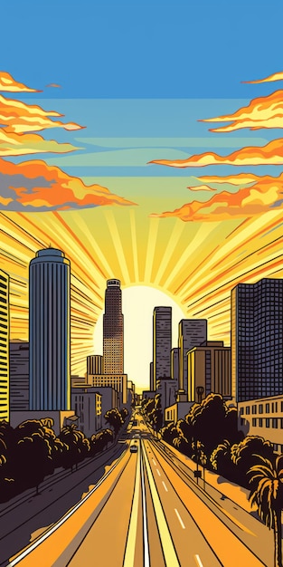 Pop Art Illustration Sunset Highway in Urban Setting