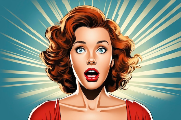 Иллюстрация поп-арта удивленной молодой сексуальной женщины с открытым ртом Рекламный винтажный плакат