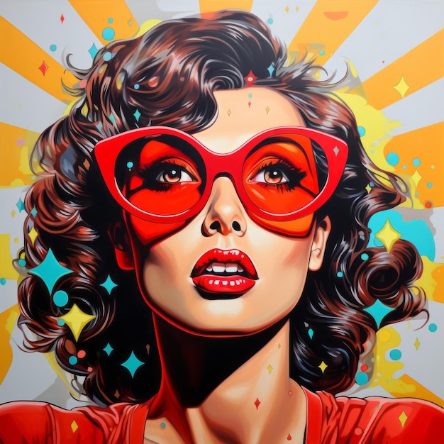 Photo pop art illustration vibrant woman in red sunglasses