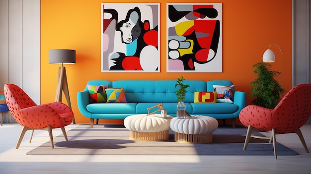 pop-art interieur van moderne kleurrijke woonkamer met oranje fauteuil