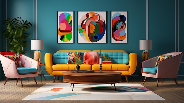 поп-арт дизайн интерьера современной гостиной с желтым диваном