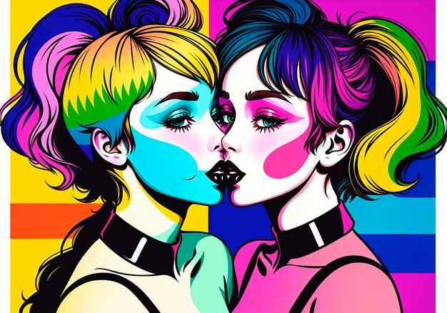 Foto pop art ragazze lesbiche che si amano baciando il concetto di lgbt