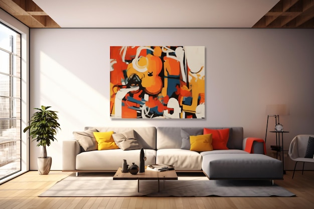Pop art modern living room interior colorful upholstered midcentury furniture sever seater sofa