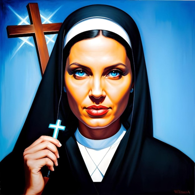 Photo pop art of a nun with blue eyes with crosses and isolated on blue illustration