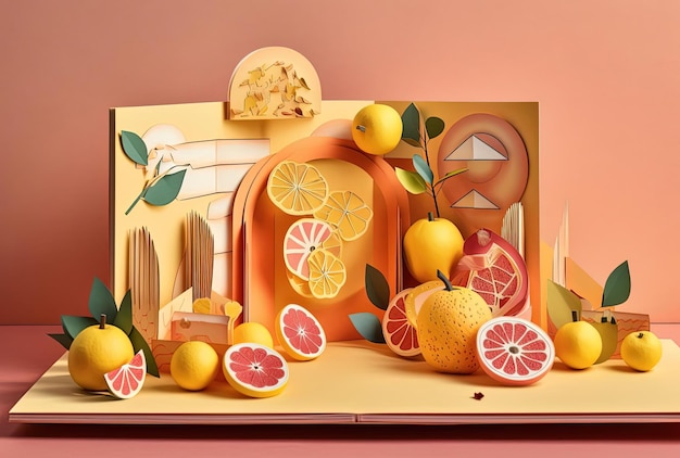 Photo pop art of an open popup book with fruit of different kinds in the style of playful geometrics