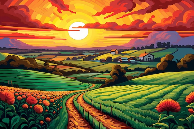 a pop art painting of a serene countryside landscape AI generated