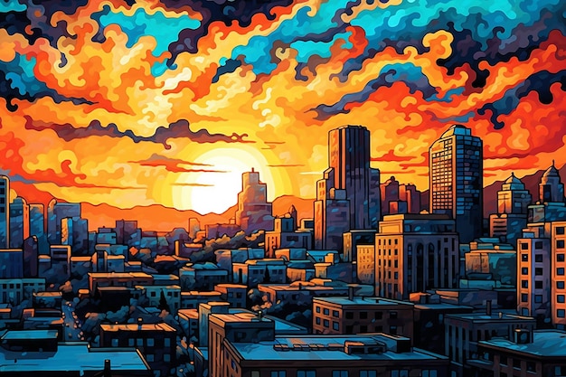 a pop art painting of a vibrant city skyline at dusk AI generated