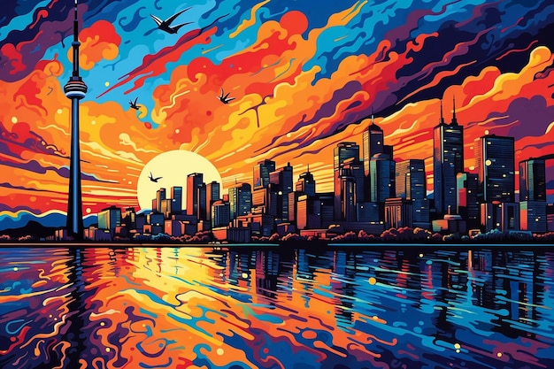 a pop art painting of a vibrant city skyline at dusk AI generated