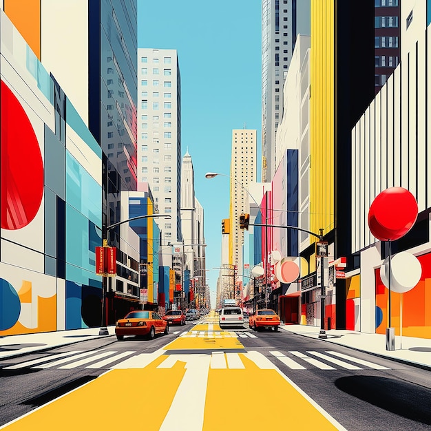 A pop art piece featuring a bustling urban street with bold colors and geometric patterns