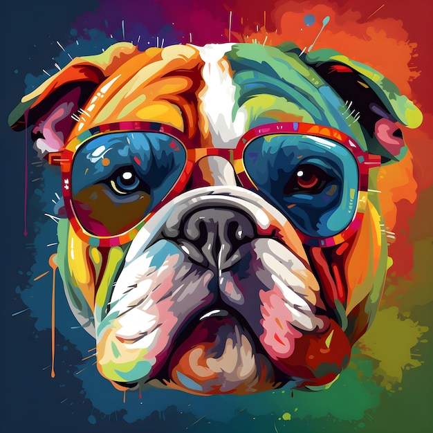 Pop art style bulldog portrait in sun glasses