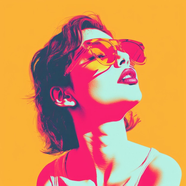 A pop art style portrait of a woman wearing sunglasses
