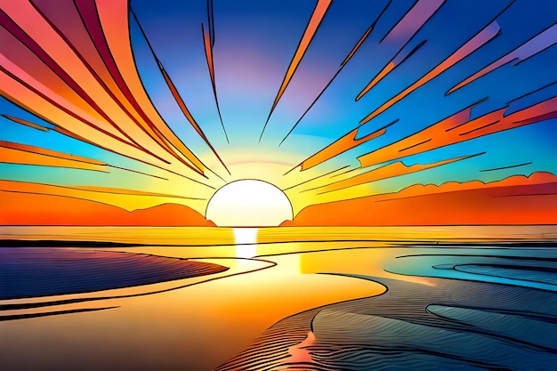 Photo pop art stylesea beach at sunset generative ai illustration