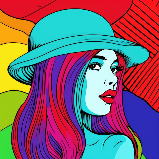 Pop art vibrant portrait of young female with long colorful hair wearing hat