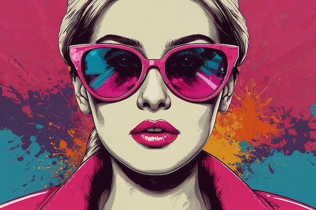 Photo pop art woman in pink sunglasses on colorful background vector illustration