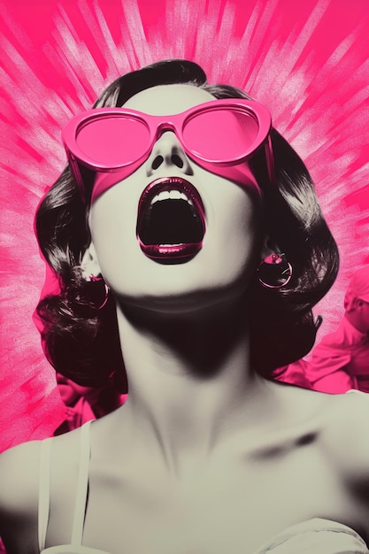 Photo pop art woman with pink sunglasses screaming