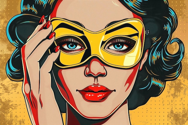 Photo pop art young woman with carnival mask