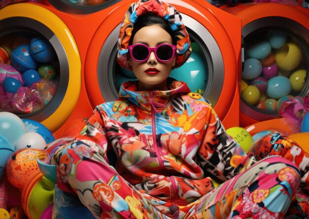 A pop artinspired image of a person wearing a vibrant and patterned outfit surrounded by