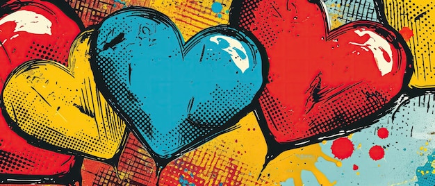 Pop artstyle comic book hearts in bold primary colors