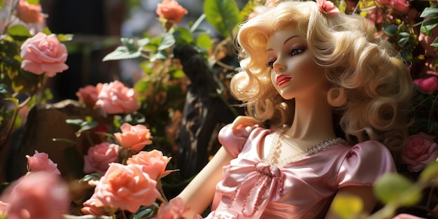 Pop in een blondine in een roze pak in de tuin Hoge kwaliteit foto Generatieve AI