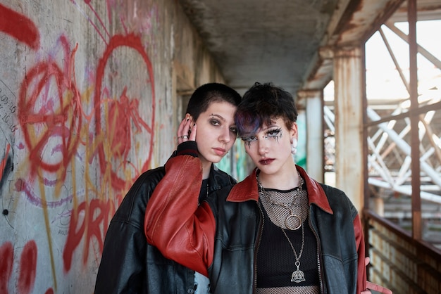 Pop punk aesthetic portrait of women posing inside building