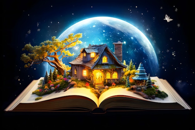 Pop up book with fairy tale house and tree on the background of the moon