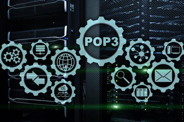 POP3 Post Office Protocol Version 3 Standard internet protocol on datacenter background