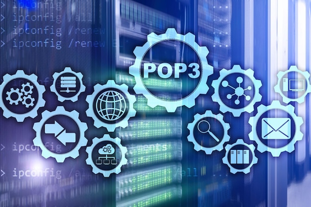 사진 팝3. post office protocol 버전 3. 데이터 센터 배경의 표준 인터넷 프로토콜.