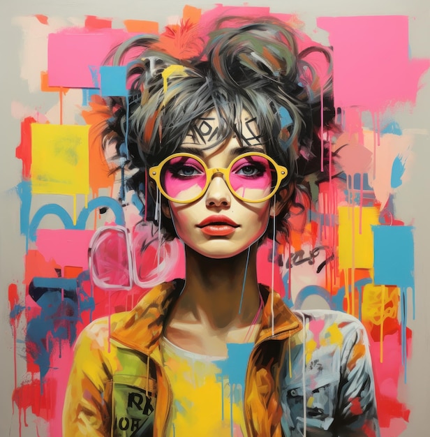 Popart creative portrait woman in sunglasses colorful paint splashing abstract art wall poster