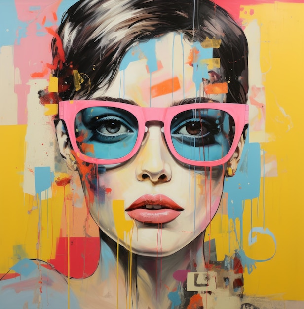 Popart creative portrait woman in sunglasses colorful paint splashing abstract art wall poster