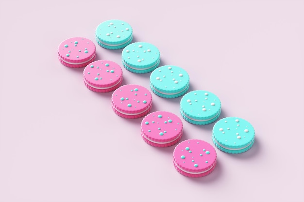 Popart gekleurde zoete koekjes op een roze achtergrond. 3D-rendering illustratie.