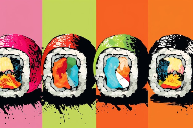 An PopArt Sushi Colorful Depiction of Sushi Roll