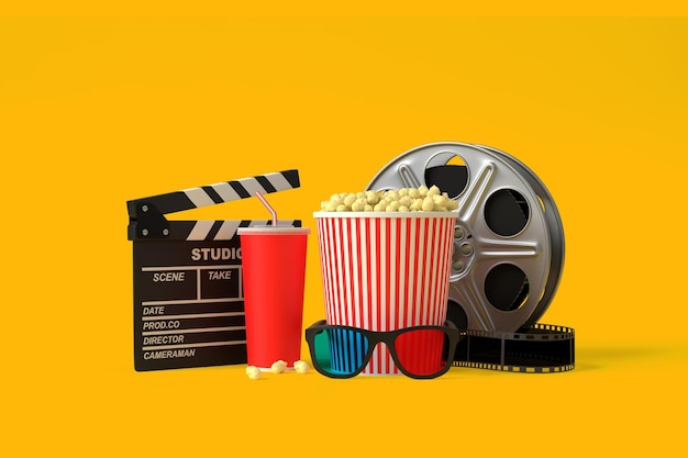 Popcorn 3D glasses disposable cups of red cola film reel and clapboard on yellow background render