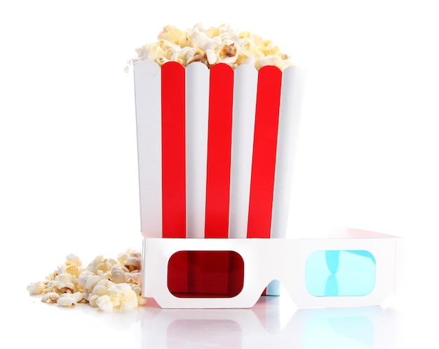 Popcorn and 3D glasses isolated on white