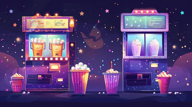 写真 ポップコーンとアイスクリームのスナック自動販売機でアニメの広告ポスター甘いデザート小売店スロット付きの自動ブース近代的なイラスト