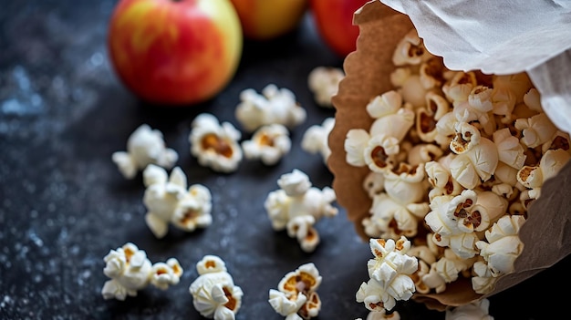 popcorn and apples on a dark background