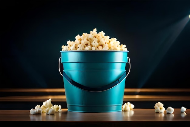 Popcorn in a blue bucket with a black background