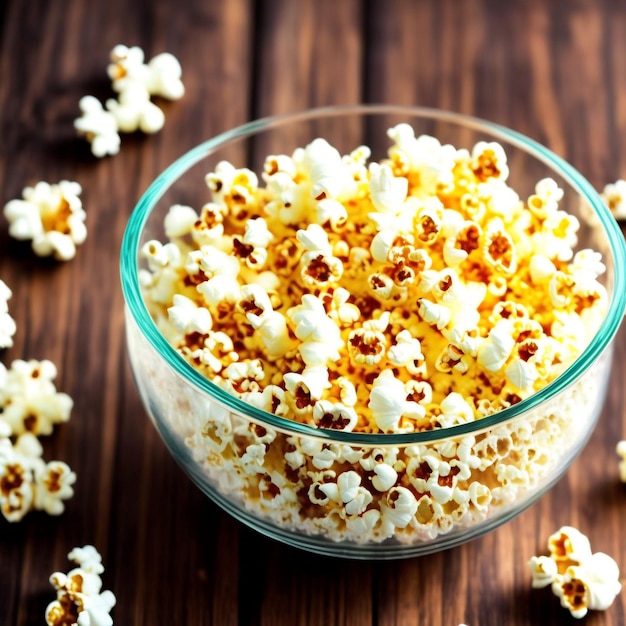 Popcorn in bowl on black background.