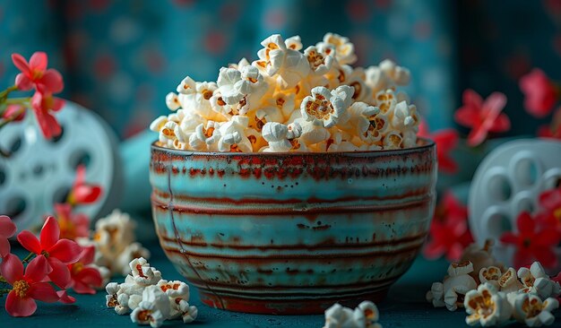 Popcorn in bowl on blue background