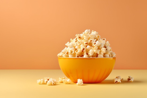popcorn in a bowl on a table with an orange background